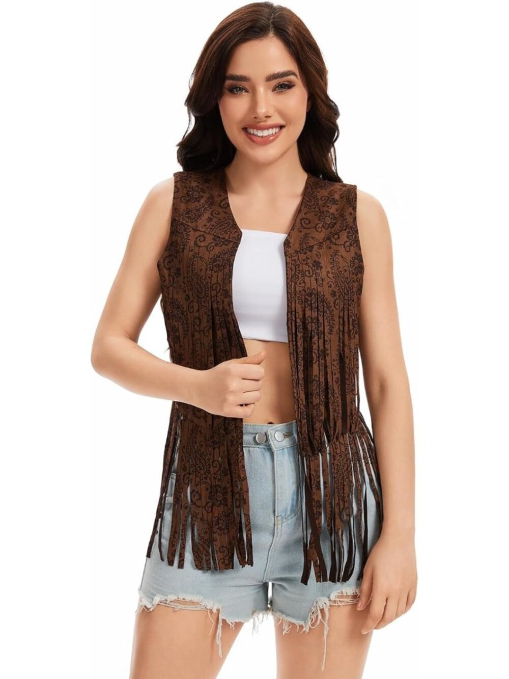 Women's Flower Fringe Vest 60s 70s Hippie Vest Sleeveless Cowgirl Western Jacket